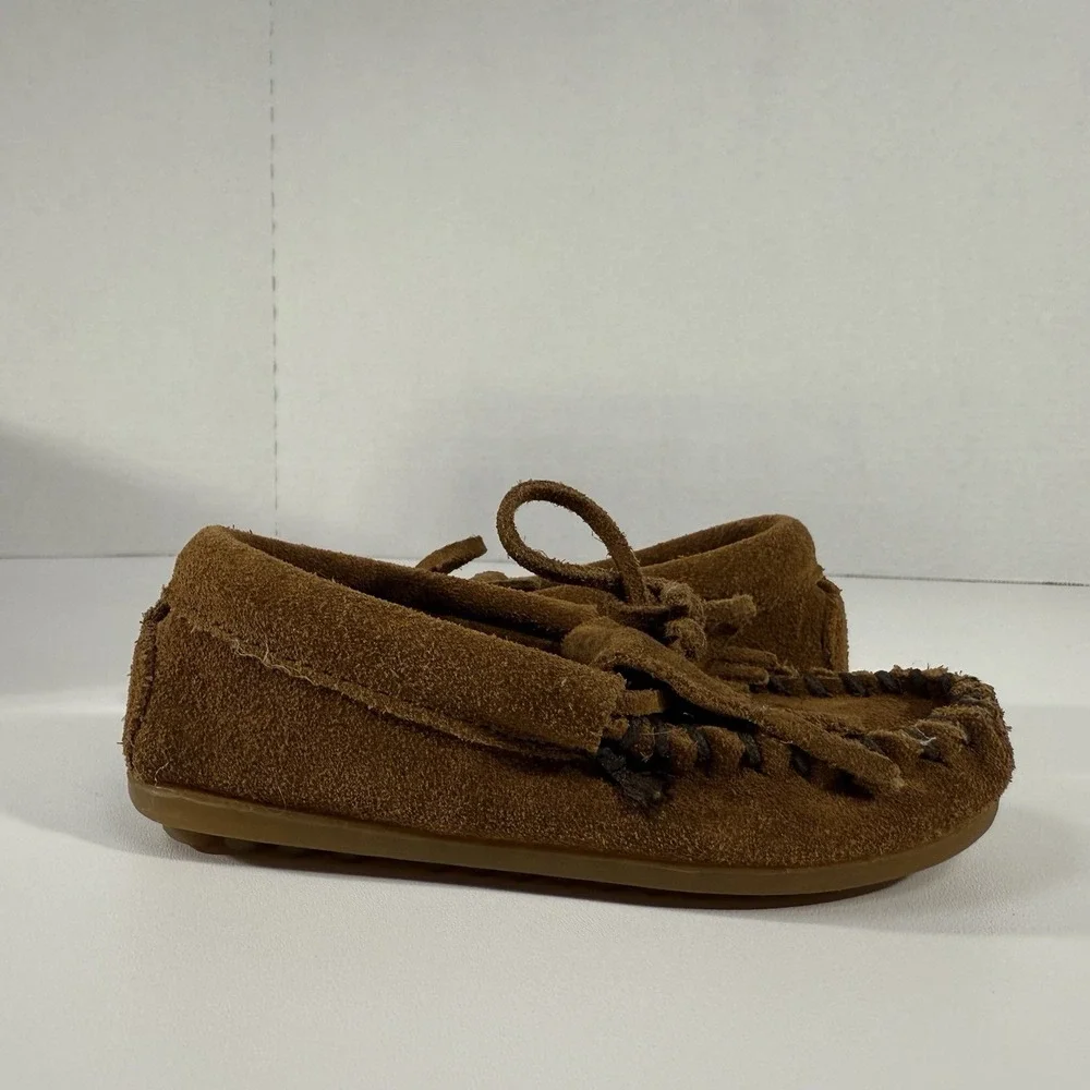 MINNETONKA Moccasins Toddler Size 7 Suede‎ Leather Brown Boy Girl Unisex EUC